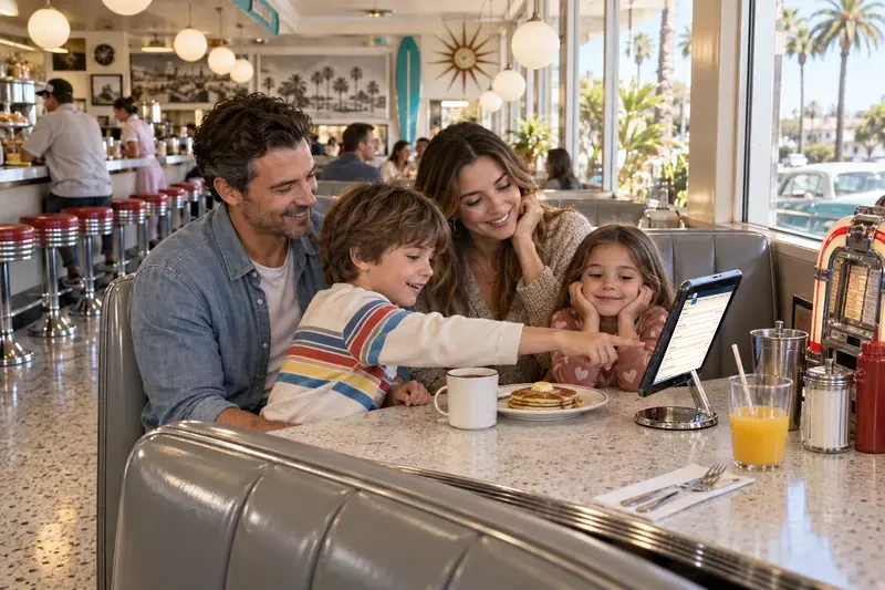 Concept render: a boy in a grey diner booth points at a tablet on a chrome stand showing the menu while his family watches