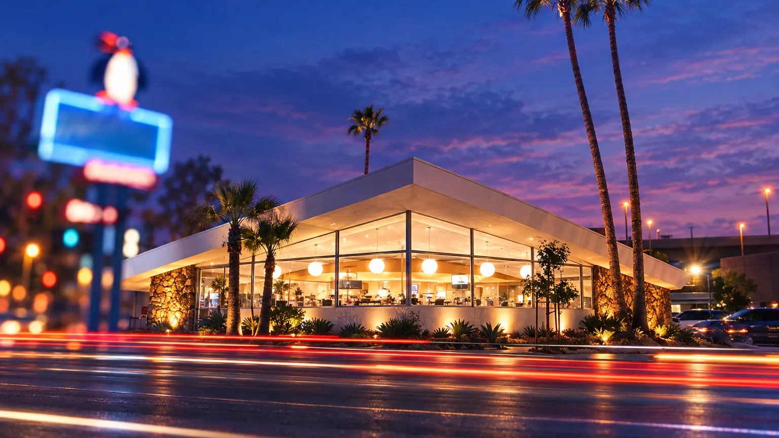 Concept render: a Googie coffee shop at dusk with a lit penguin sign, palm trees and car light trails
