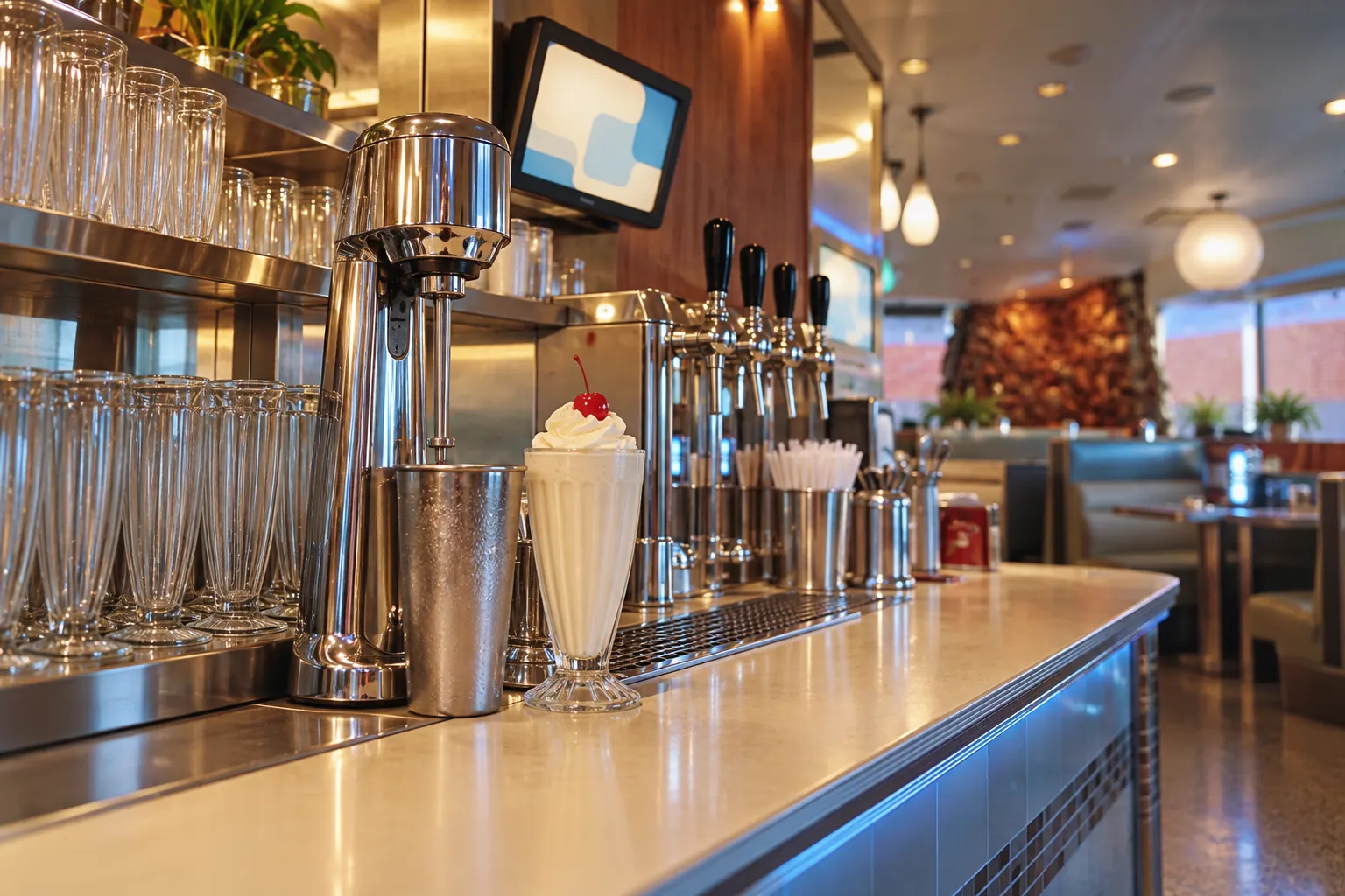 Concept render: the shake and soda fountain station with a small drinks screen