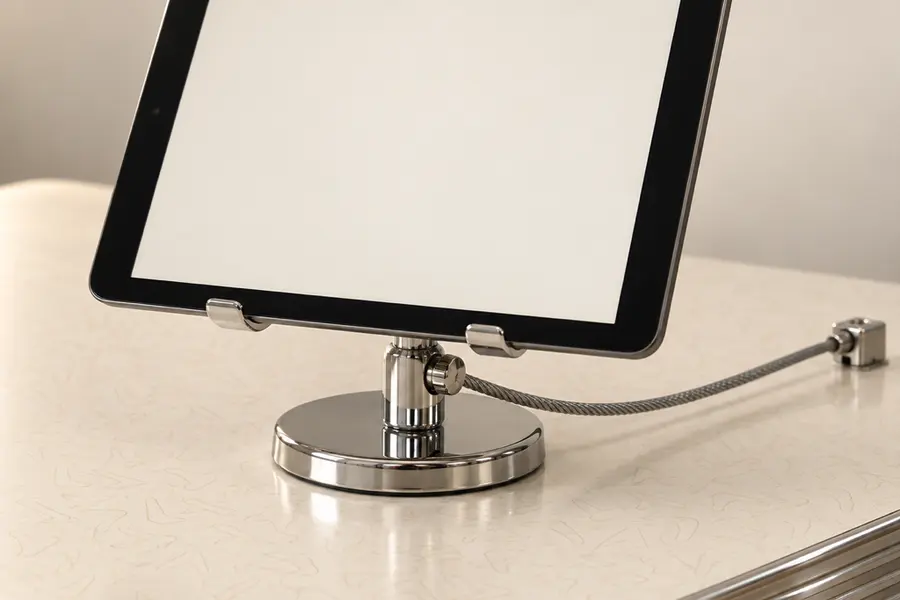 Concept render: a black-bezel tablet on a chrome swivel stand on cream Formica, tethered by a steel lock cable
