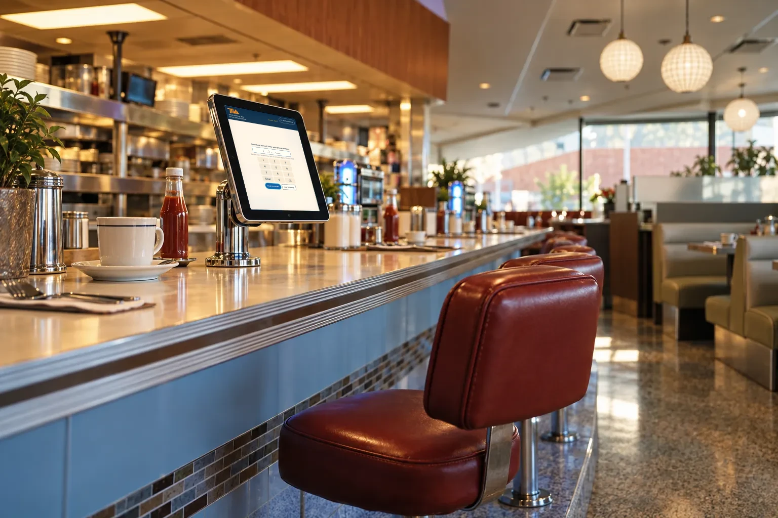 Concept render: a Mels-branded tablet on a swivel stand at the Santa Monica counter, red stools and terrazzo curb below