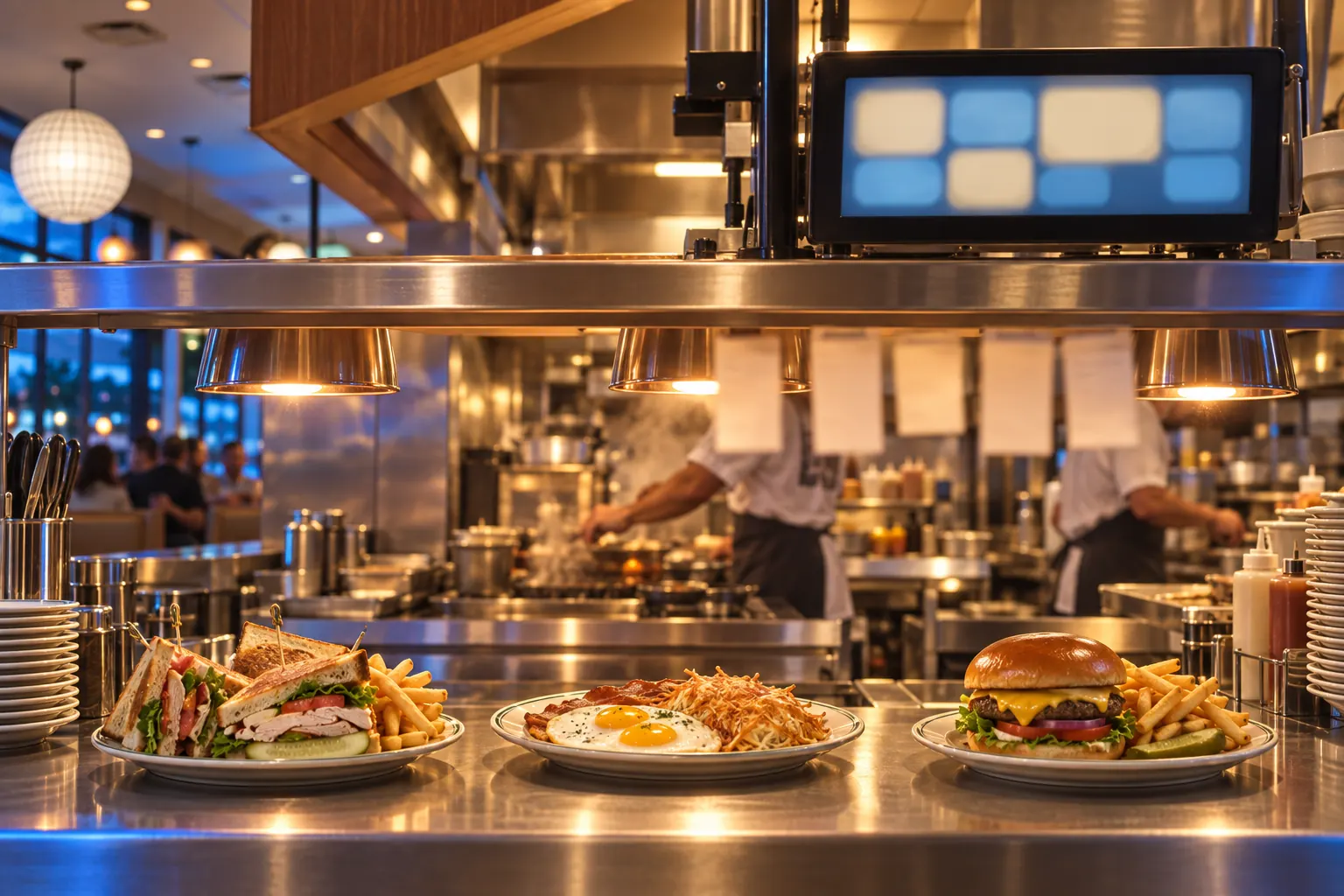 Concept render: the cook line seen from the pass, a Toast KDS screen above the heat lamps
