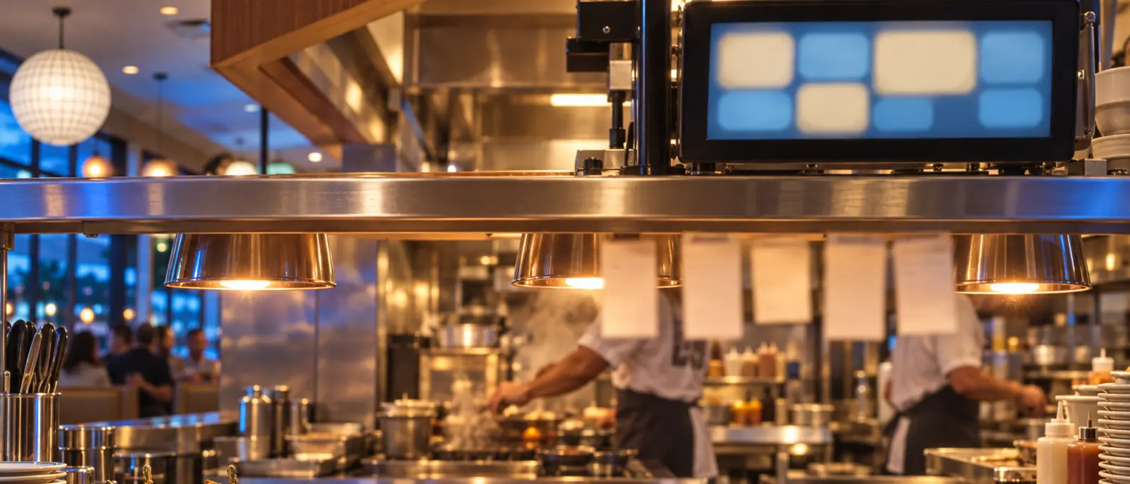 Concept render: the cook line from the pass, a ticket screen above the heat lamps and plates waiting under them