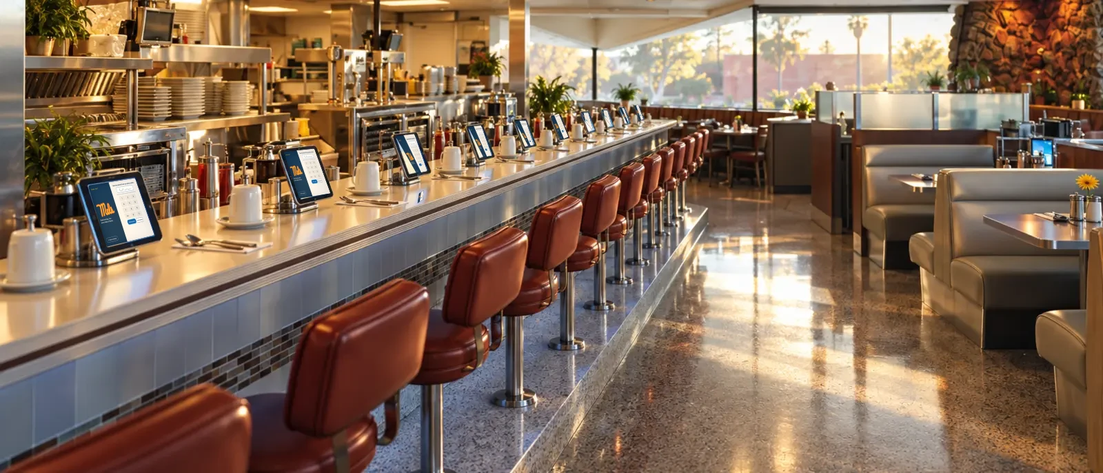Concept render: the long counter before opening, every red stool empty and a tablet on a stand in front of each one