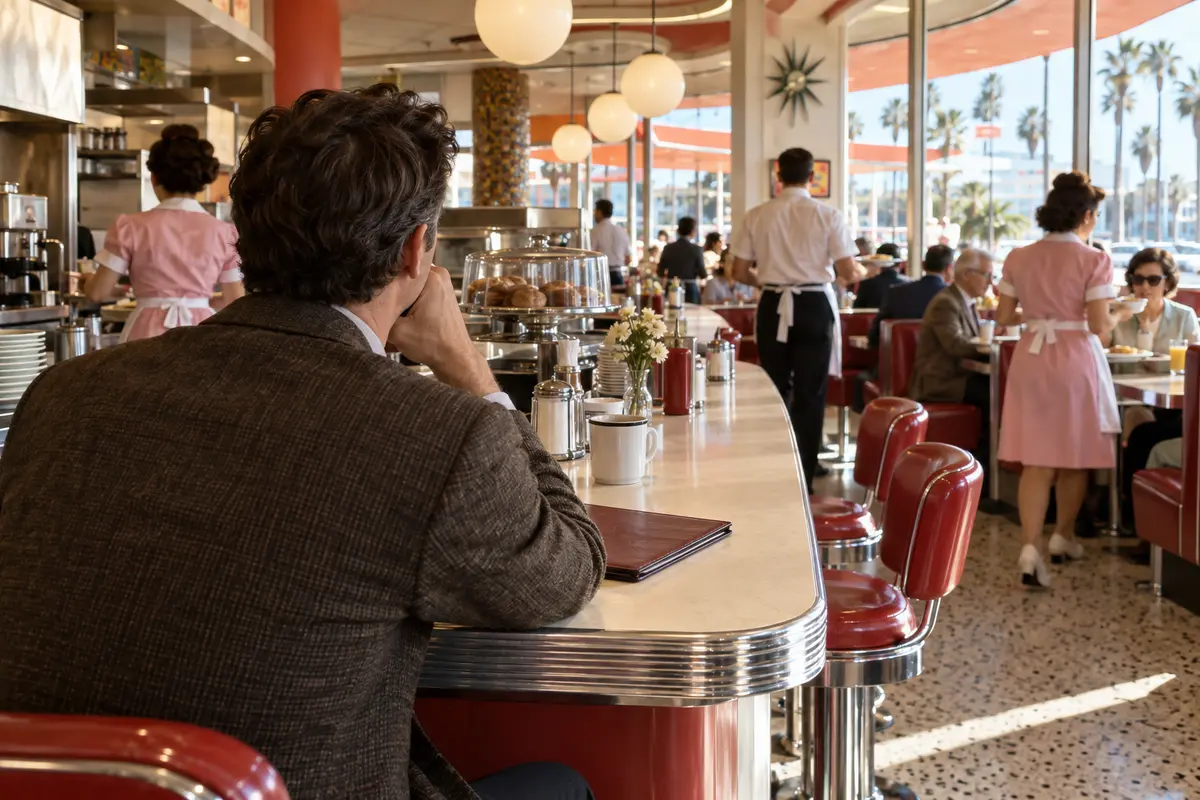 Concept render: a guest sits at the counter with a closed menu while every server works the booths