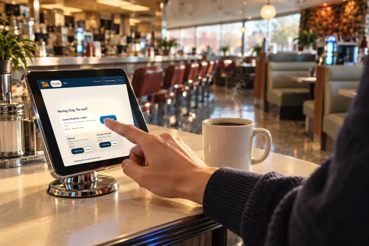 Concept render: a guest taps one large button on a tablet on a chrome stand beside a cup of coffee