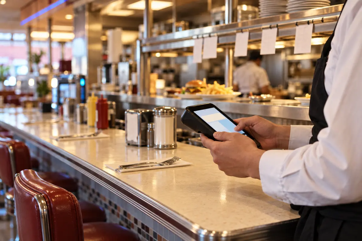 Concept render: a server holds a handheld ordering device at the counter next to plated burgers