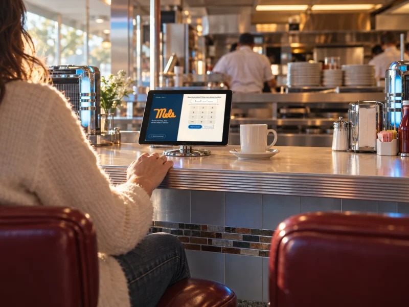 Concept render: a guest settles onto a red counter stool, the tablet in front of the seat showing the Mels welcome screen