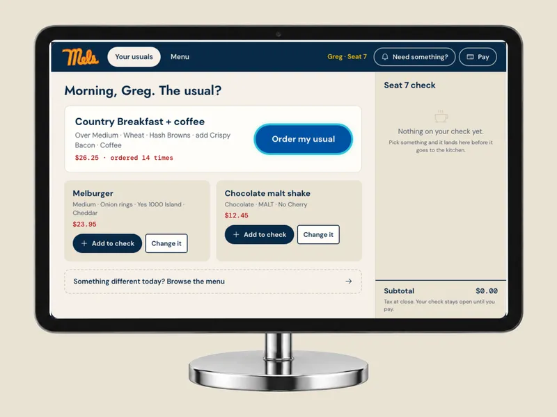 The prototype's usuals screen with the Order my usual button, shown on a tablet