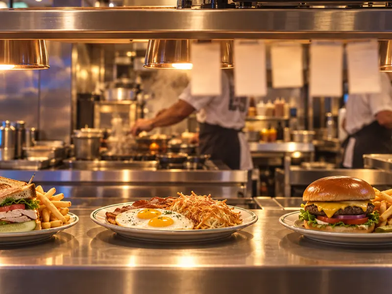 Concept render: plated eggs, a burger and a club sandwich waiting on the pass under heat lamps