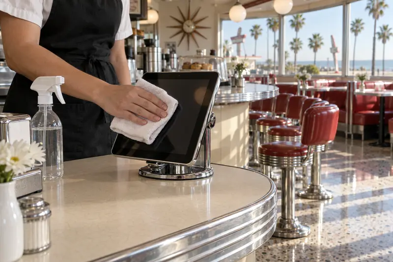 Concept render: a bar back wipes a counter tablet with a white cloth, spray bottle beside it